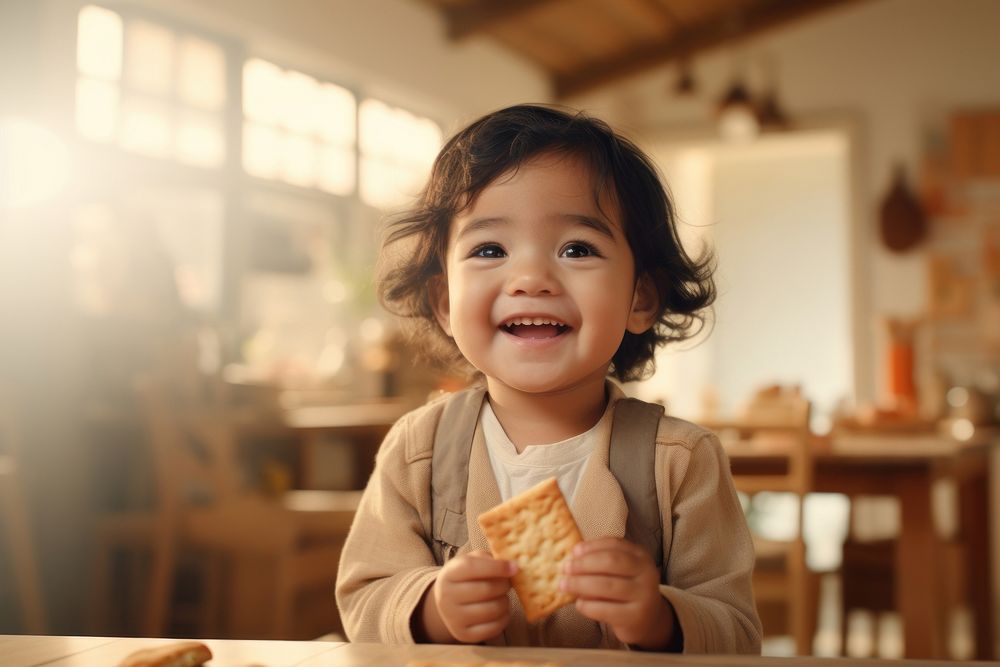 Filipino toddler eating cracker baby food happiness. 