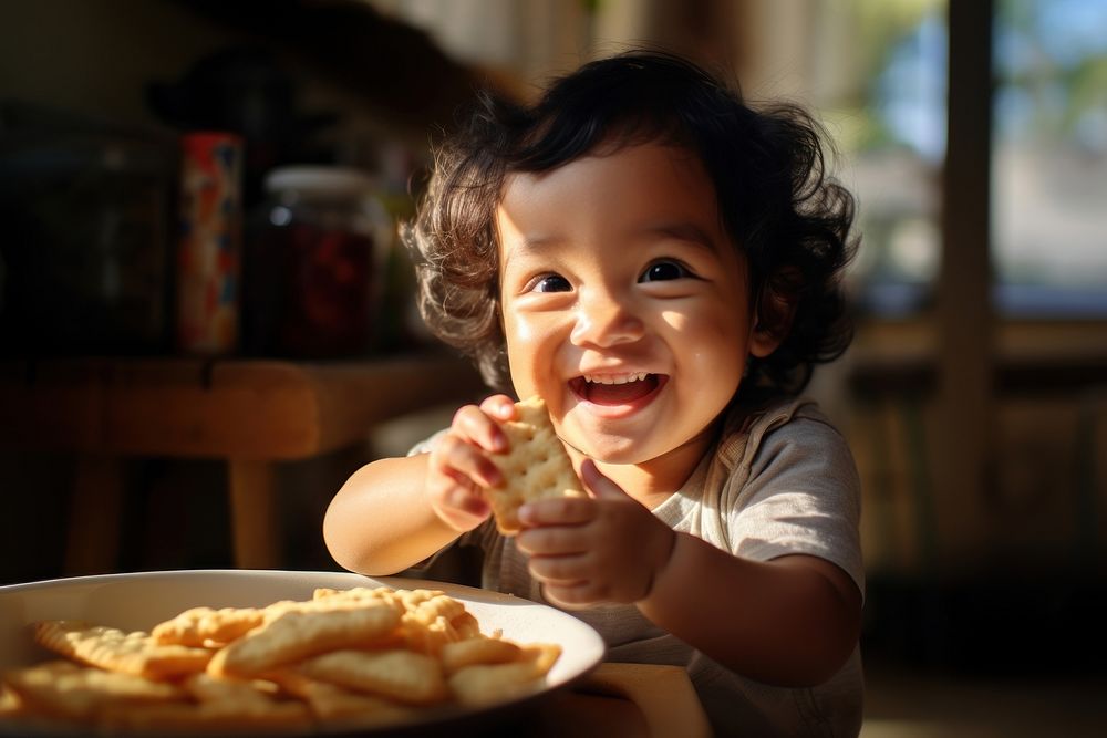 Filipino toddler eating cracker In kitchen food baby skin. 