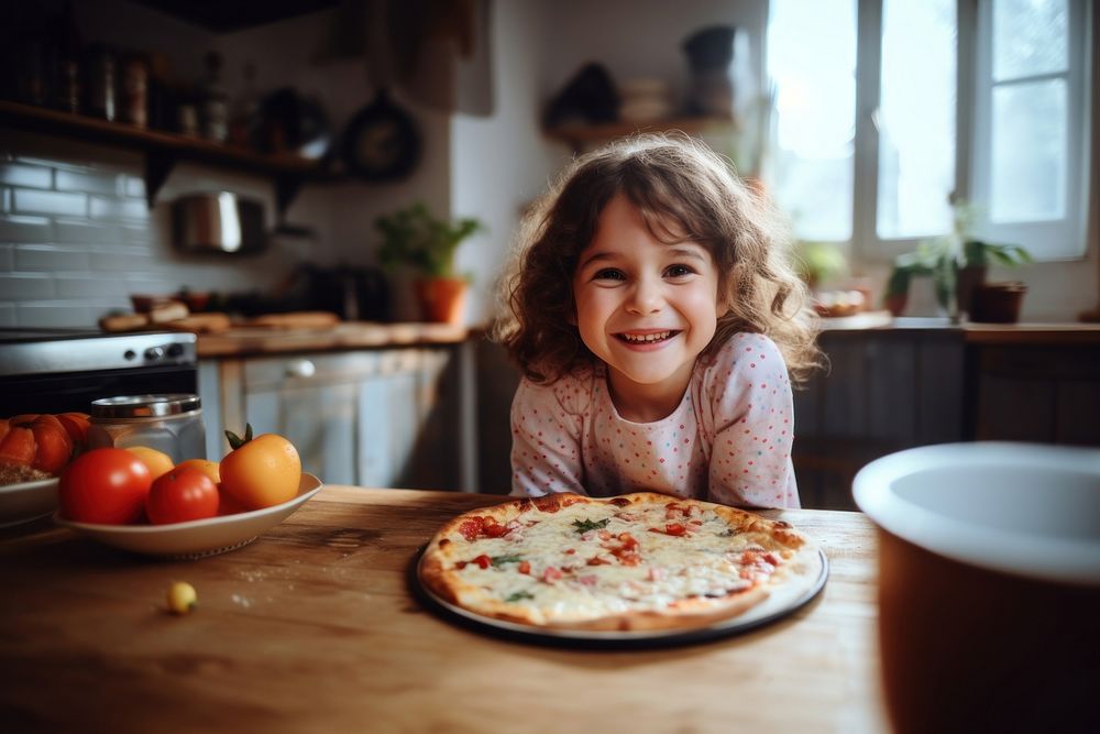 Pizza child kitchen food. AI generated Image by rawpixel.