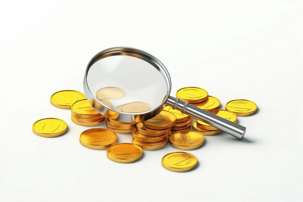 Magnifying gold coin white background. AI generated Image by rawpixel.
