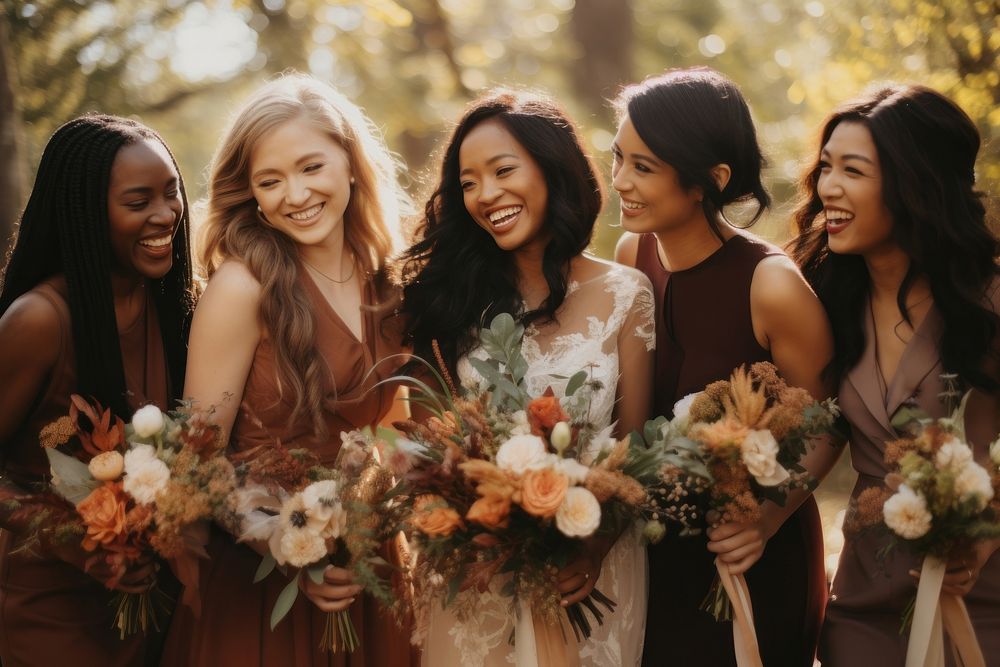 Bridesmaid laughing outdoors wedding. 