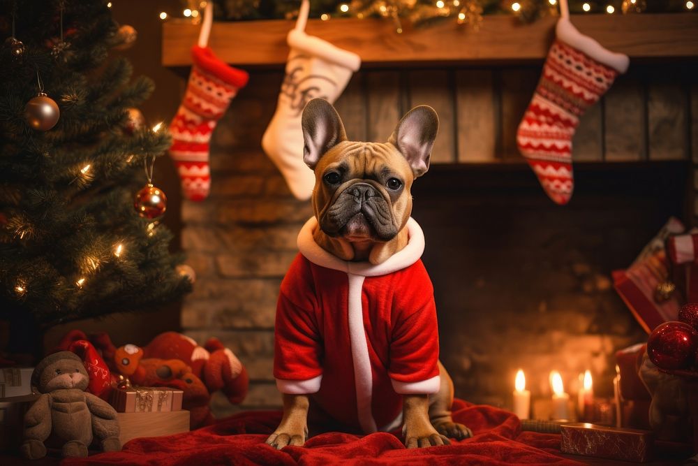 Christmas bulldog fireplace mammal. 