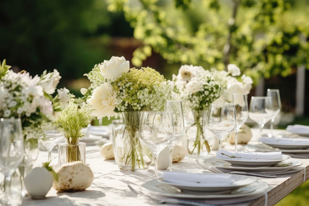 Outdoors table wedding flower. AI generated Image by rawpixel.