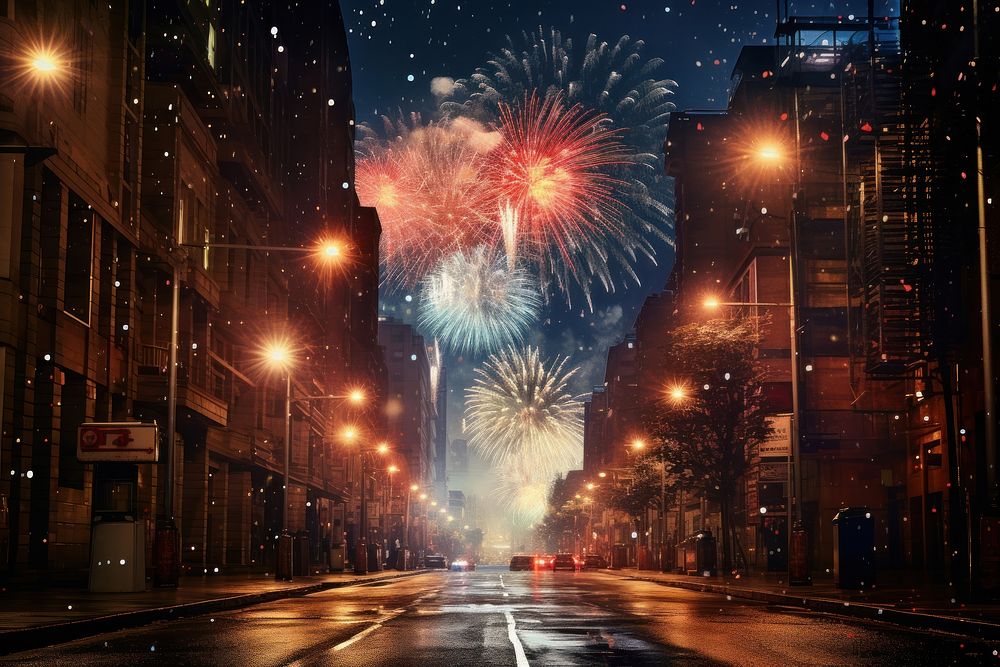 Fireworks street night architecture. AI generated Image by rawpixel.