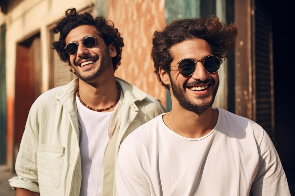 Sunglasses laughing adult men. 