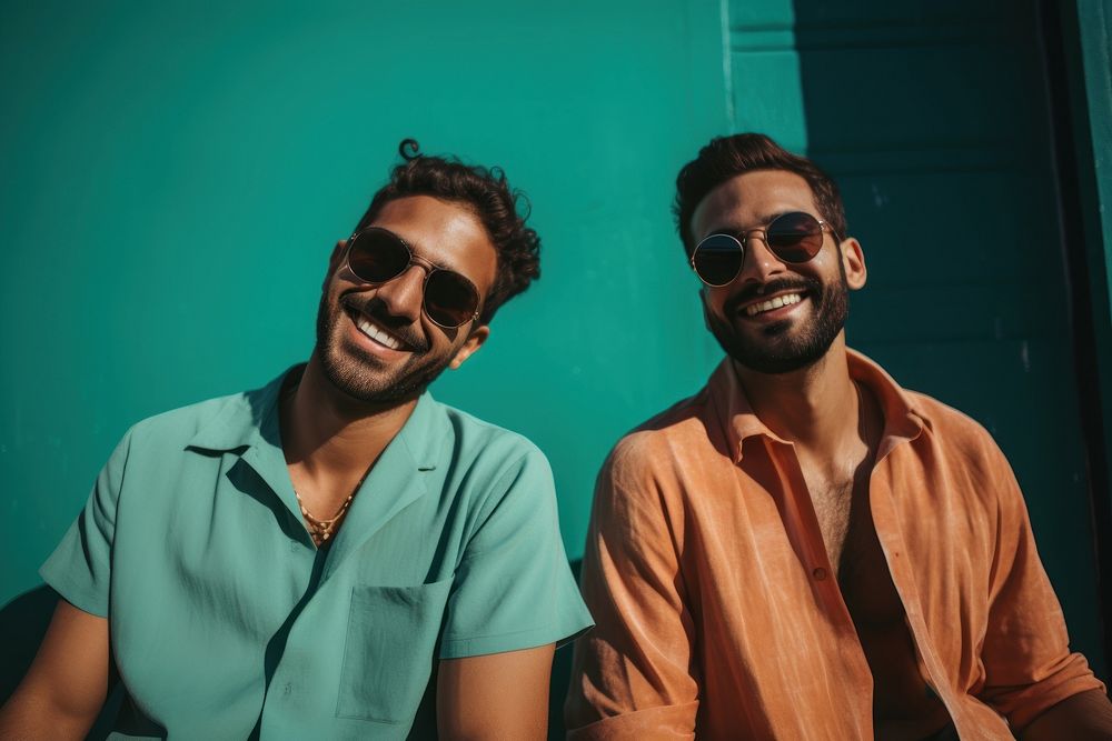 Sunglasses laughing adult men. 