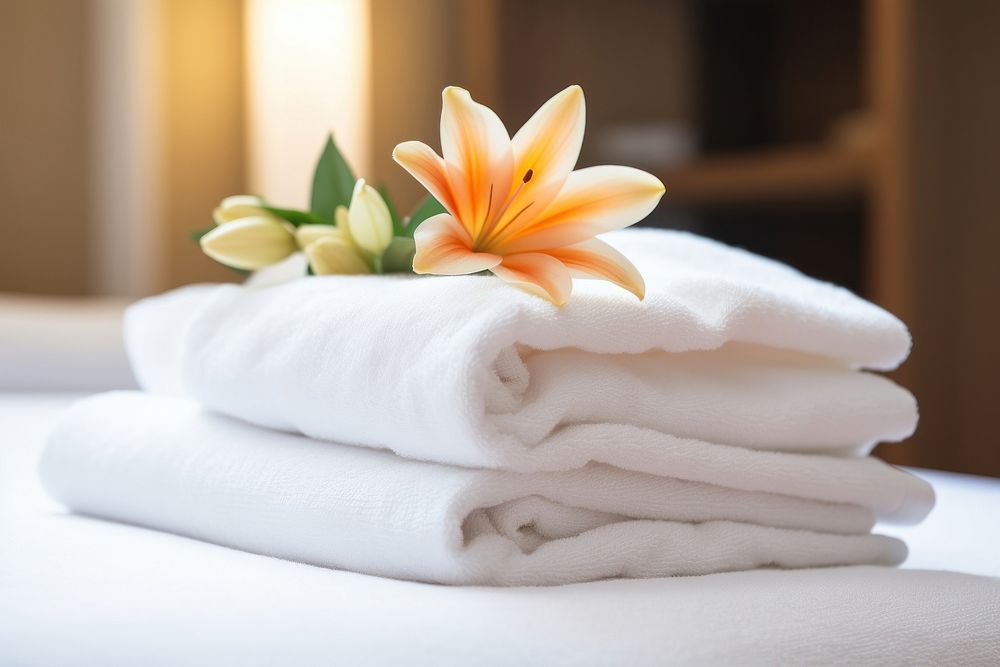 Flower towel hotel bed. AI generated Image by rawpixel.