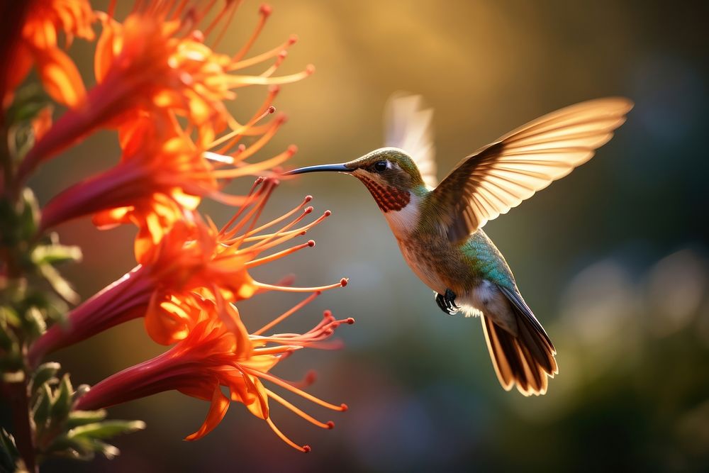 Hummingbird hovering animal flower. AI generated Image by rawpixel.