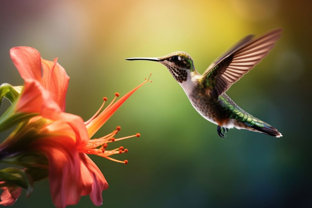 Hummingbird flower hovering animal. AI generated Image by rawpixel.