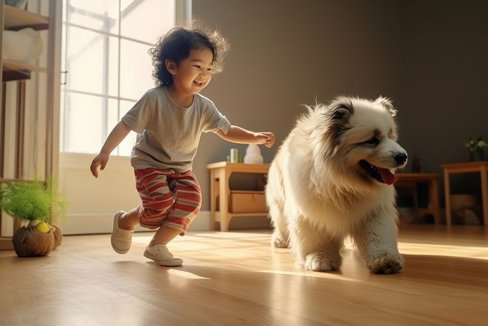 Dog flooring toddler mammal. AI generated Image by rawpixel.