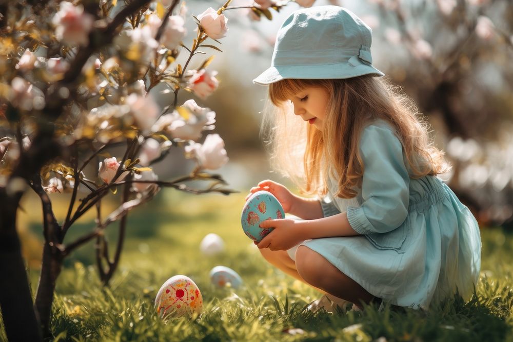 Outdoors sitting easter child. 