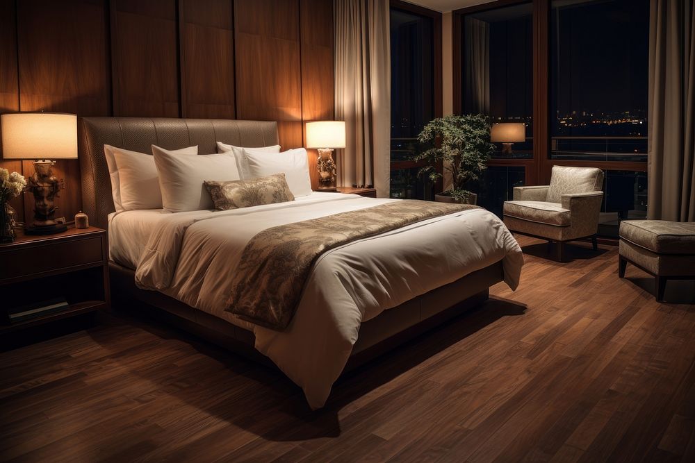 Room bed furniture hardwood. AI generated Image by rawpixel.