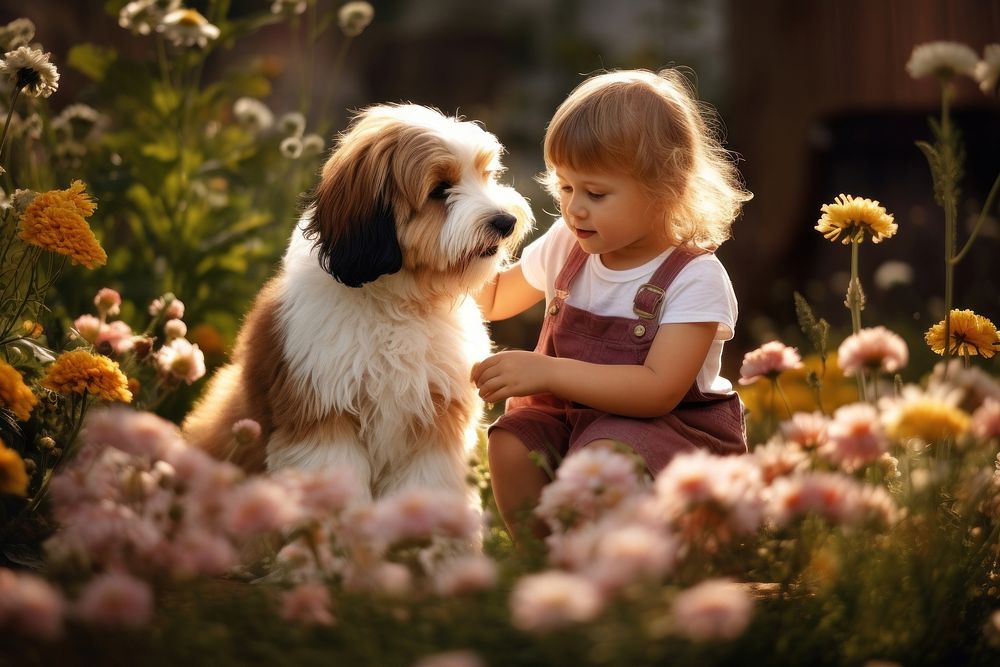 Flower puppy portrait outdoors. AI generated Image by rawpixel.