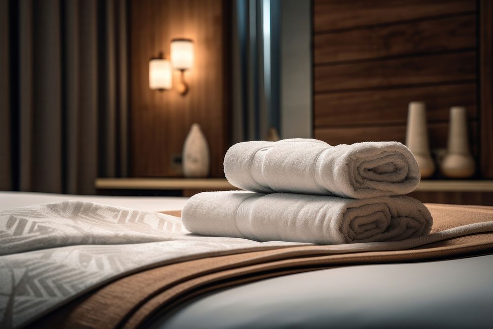 Towel hotel room bed. AI generated Image by rawpixel.