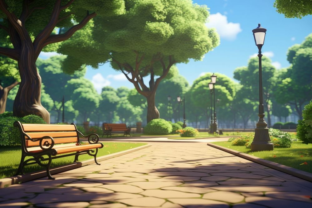 Park outdoors cartoon bench. AI generated Image by rawpixel.