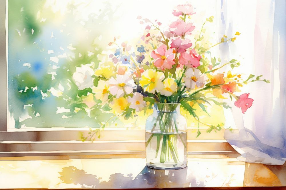 Flower vase windowsill sunlight. AI generated Image by rawpixel.
