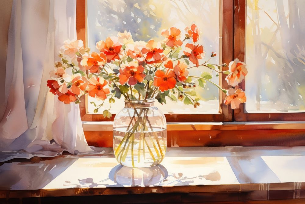 Windowsill sunlight flower table. 