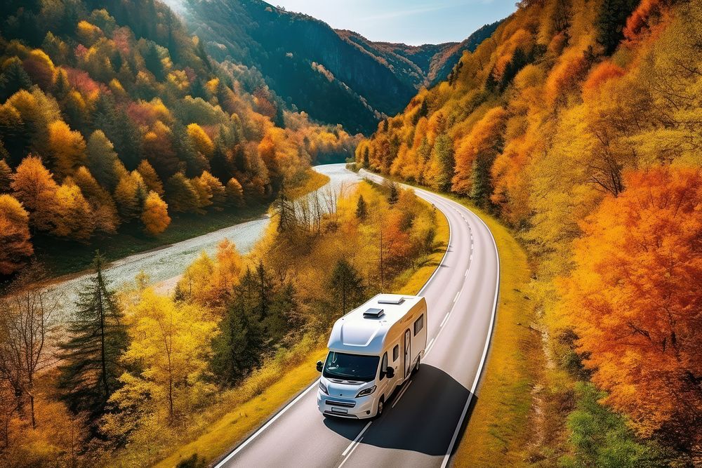 Autumn landscape journey vehicle. AI generated Image by rawpixel.