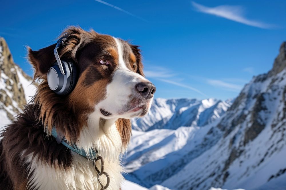 Headphones snow mountain outdoors. 