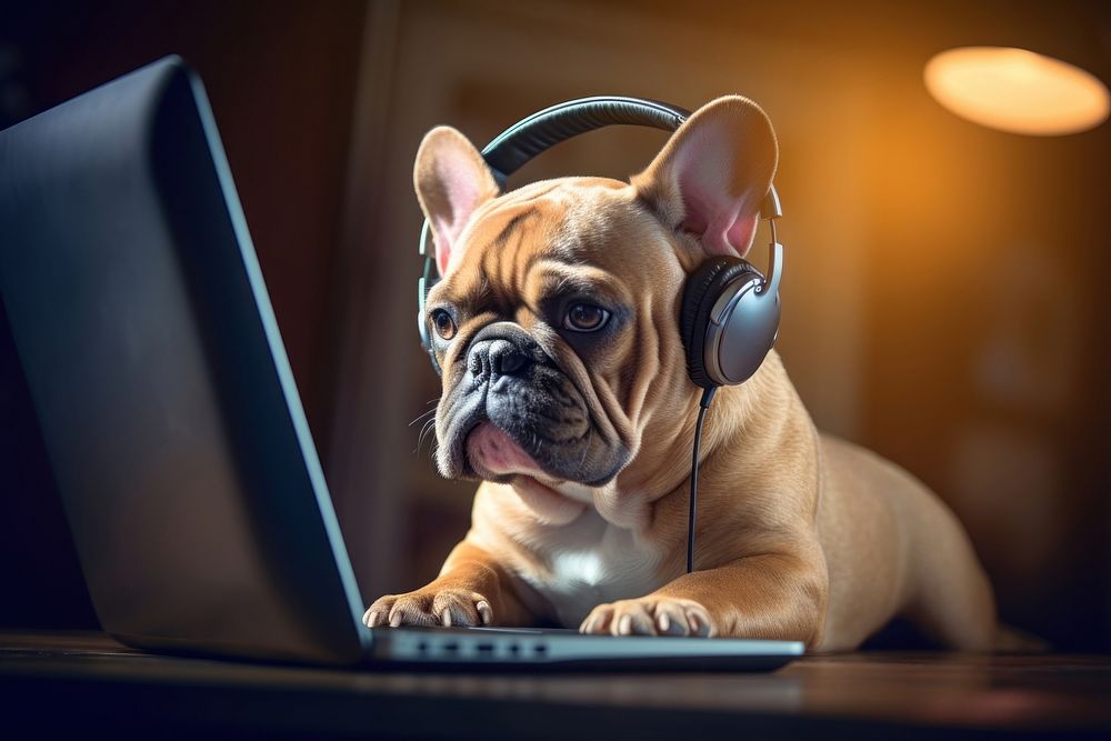 Laptop dog headphones computer. AI generated Image by rawpixel.