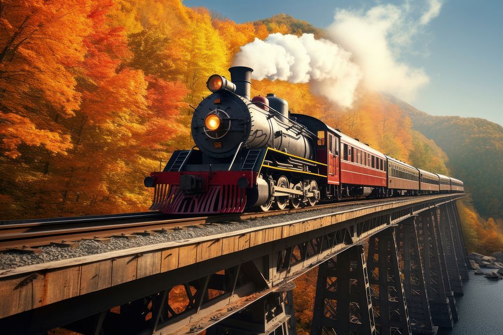 Autumn bridge train locomotive. AI generated Image by rawpixel.