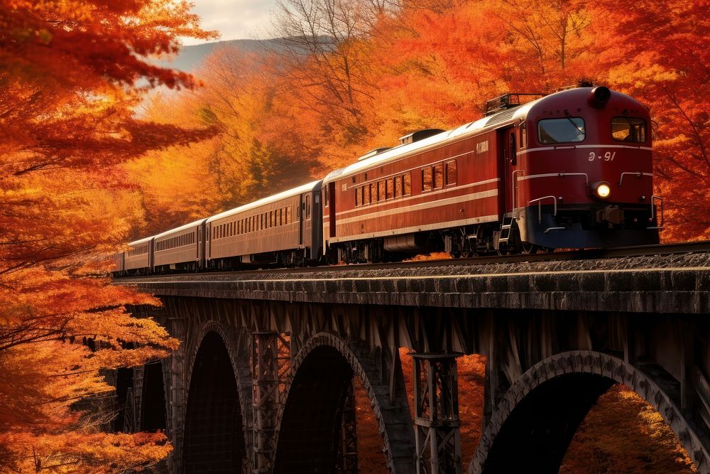 Autumn train outdoors vehicle. AI generated Image by rawpixel.