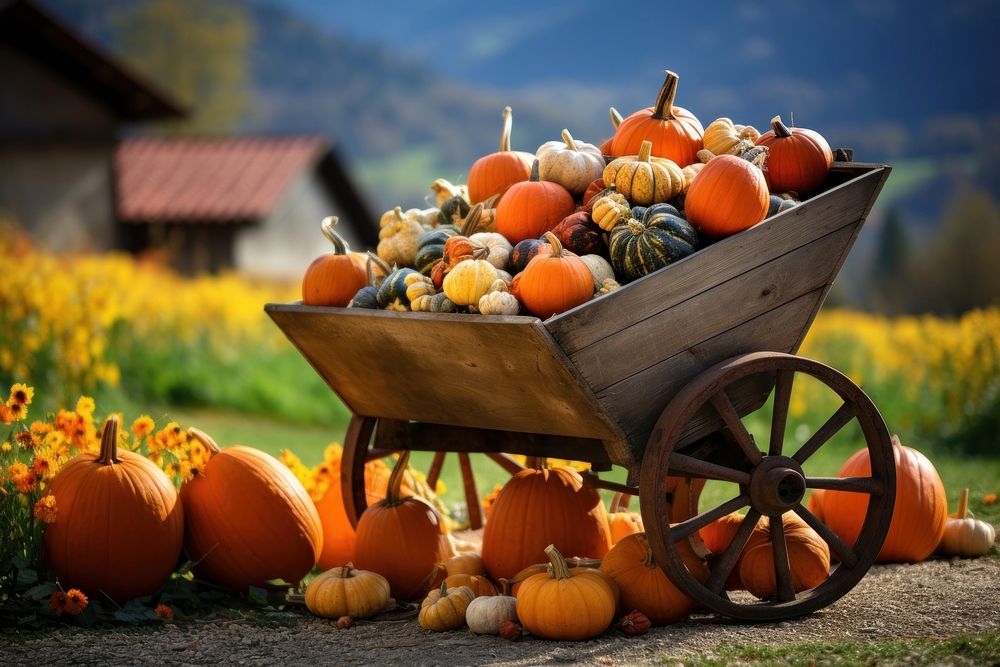 Pumpkin wheelbarrow vegetable outdoors. AI generated Image by rawpixel.