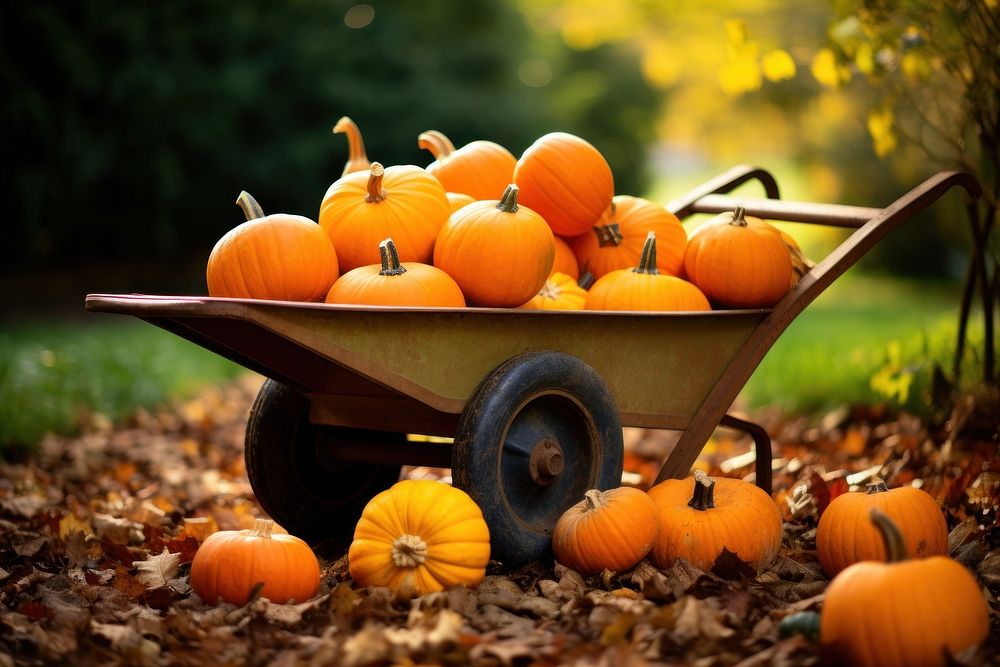 Pumpkin wheelbarrow vegetable autumn. AI generated Image by rawpixel.