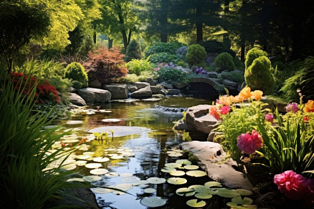 Garden pond vegetation reflection. AI generated Image by rawpixel.