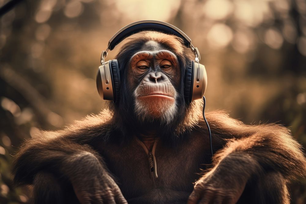 Headphones wildlife monkey mammal. AI generated Image by rawpixel.