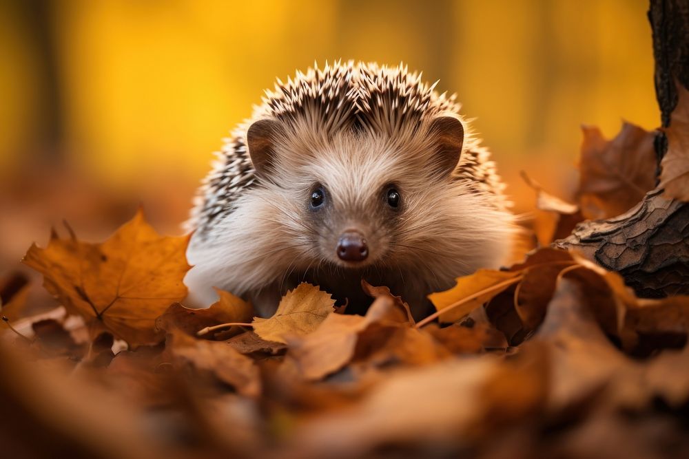 Hedgehog leaf portrait animal. AI generated Image by rawpixel.