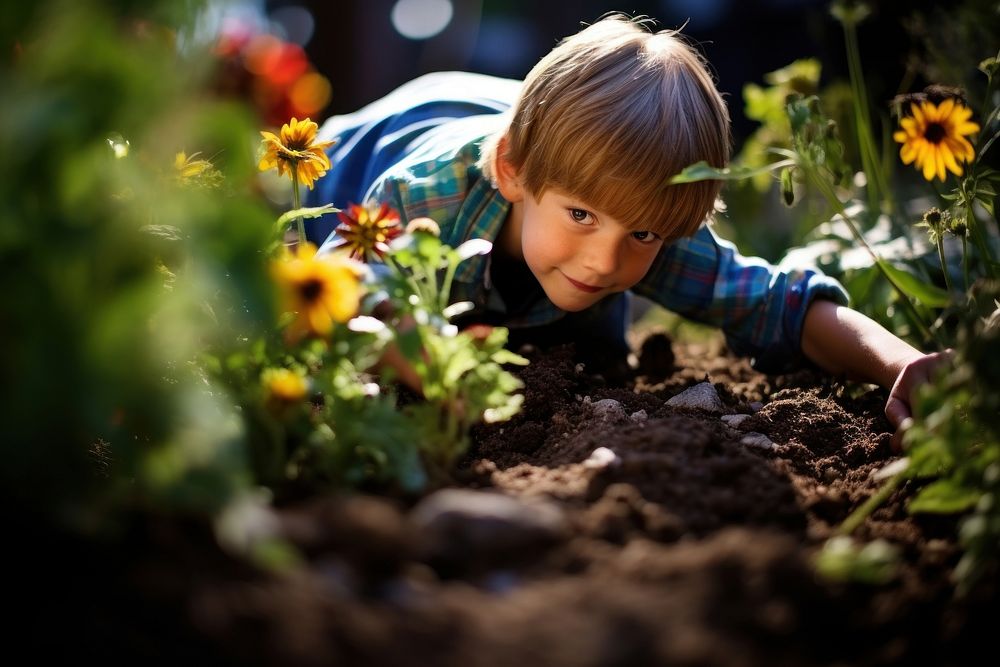 Garden child gardening outdoors. 