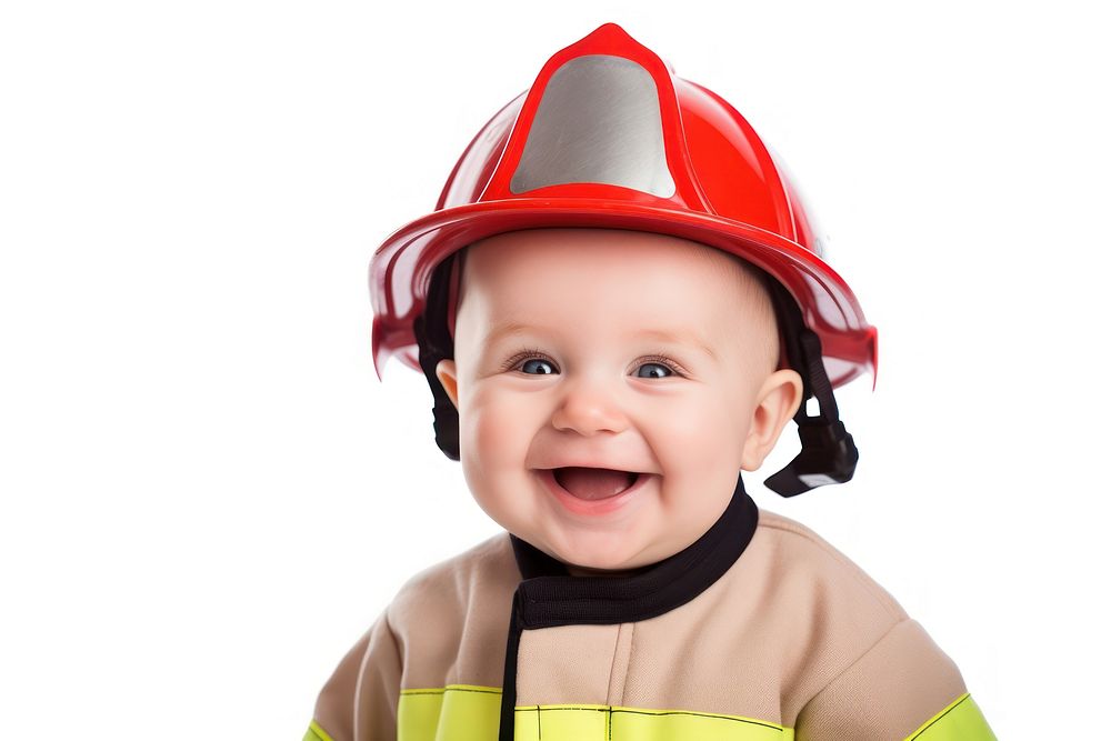 Baby firefighter smiling hardhat. AI generated Image by rawpixel.