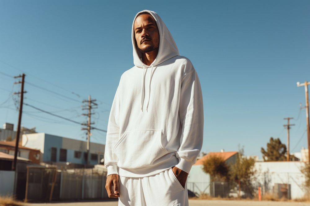 Sweatshirt standing outdoors white. 