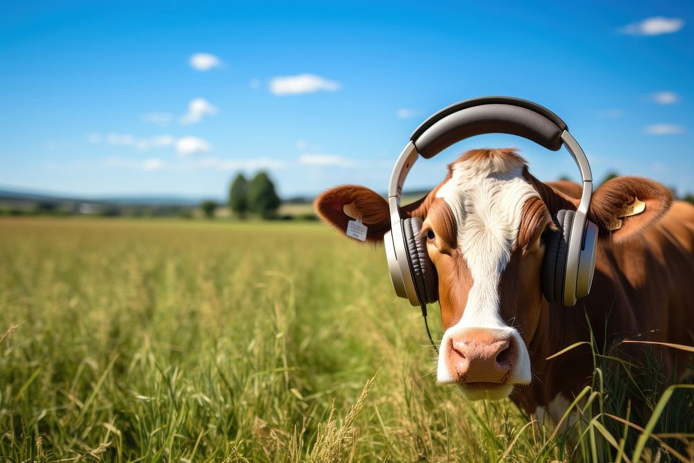 Headphones field cow grassland. AI generated Image by rawpixel.