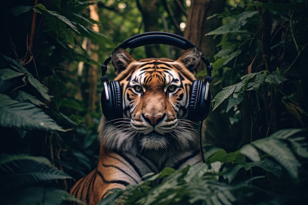 Tiger tree headphones wildlife. AI generated Image by rawpixel.