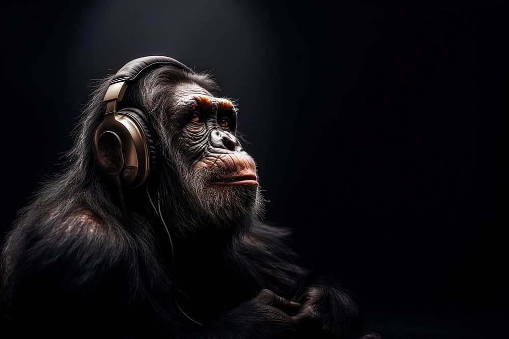 Chimpanzee headphones wildlife monkey. 