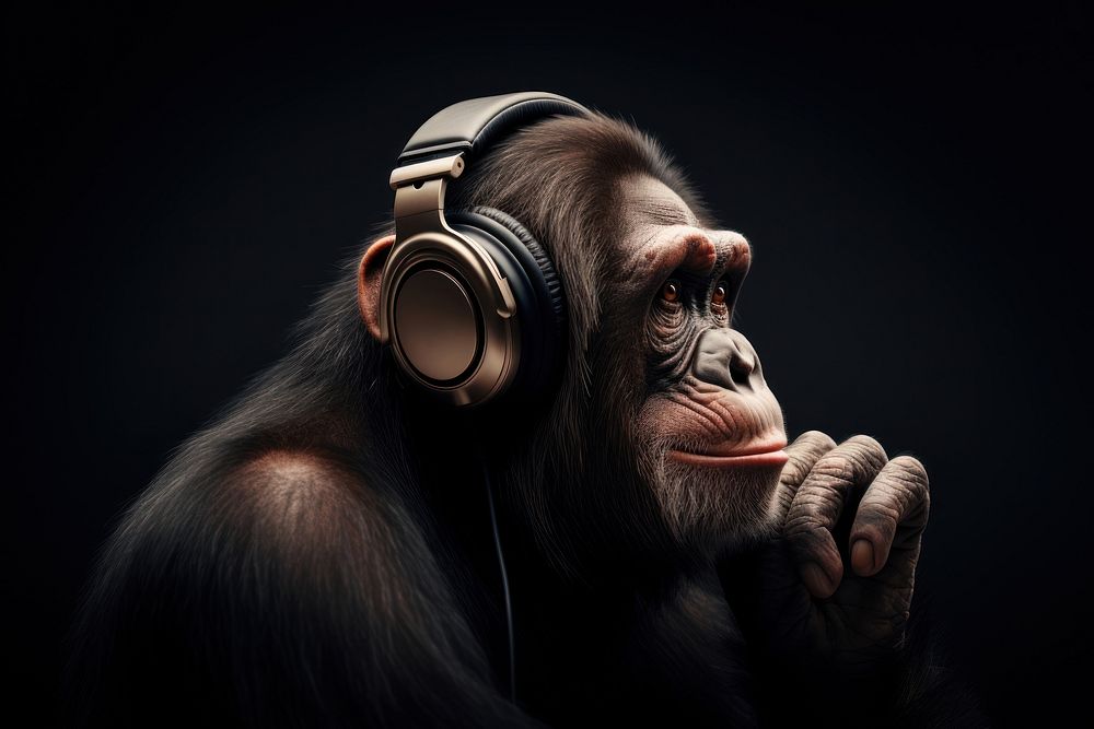 Chimpanzee headphones monkey animal. 