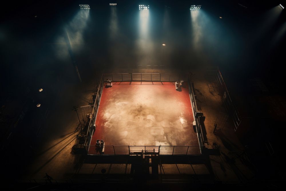 Sports architecture illuminated boxing ring. 