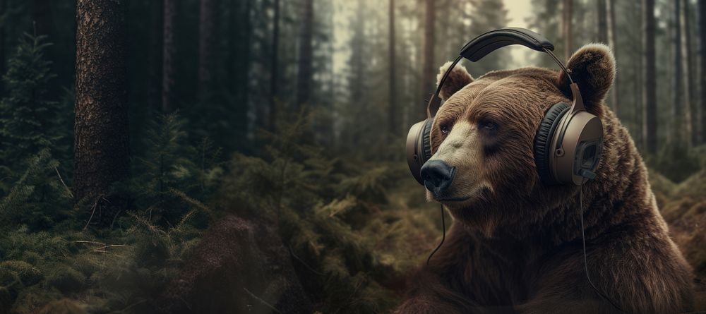 Grizzly bear wearing headphones. 