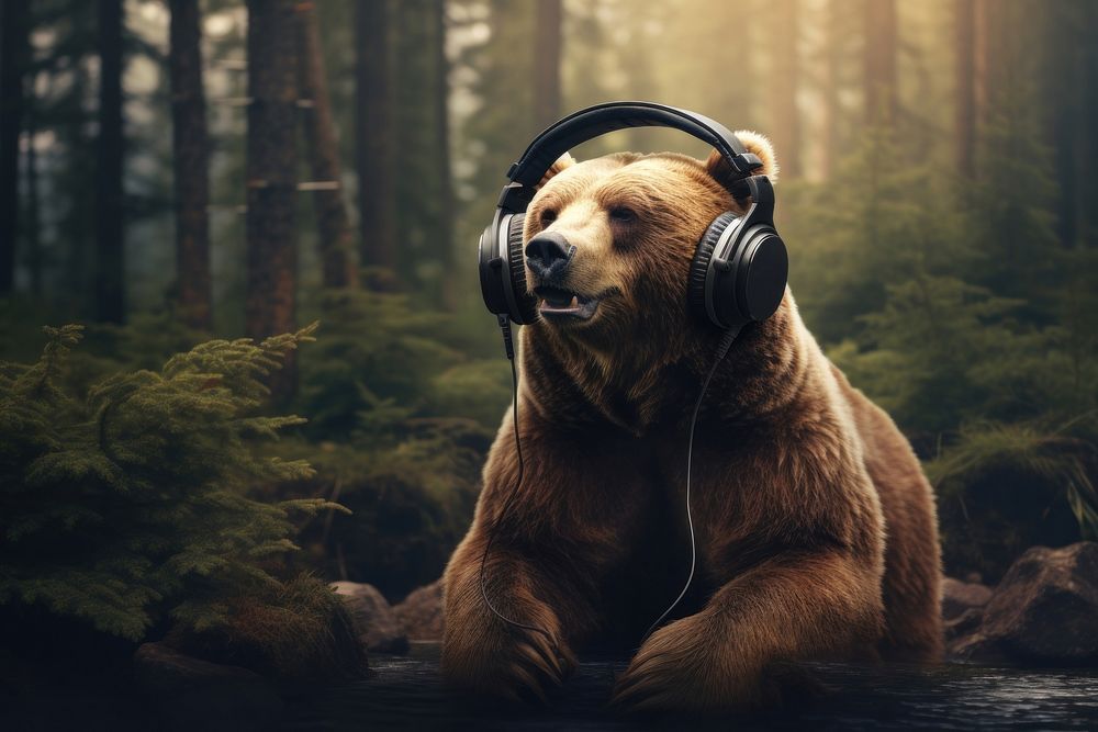 Headphones bear wildlife mammal. AI generated Image by rawpixel.