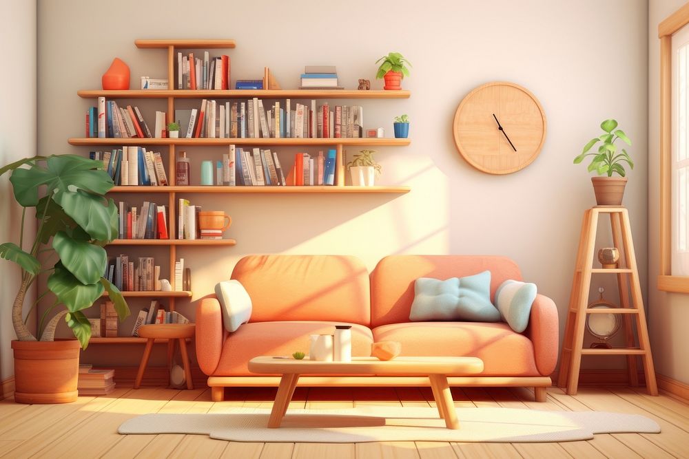 Room architecture furniture bookshelf. AI generated Image by rawpixel.