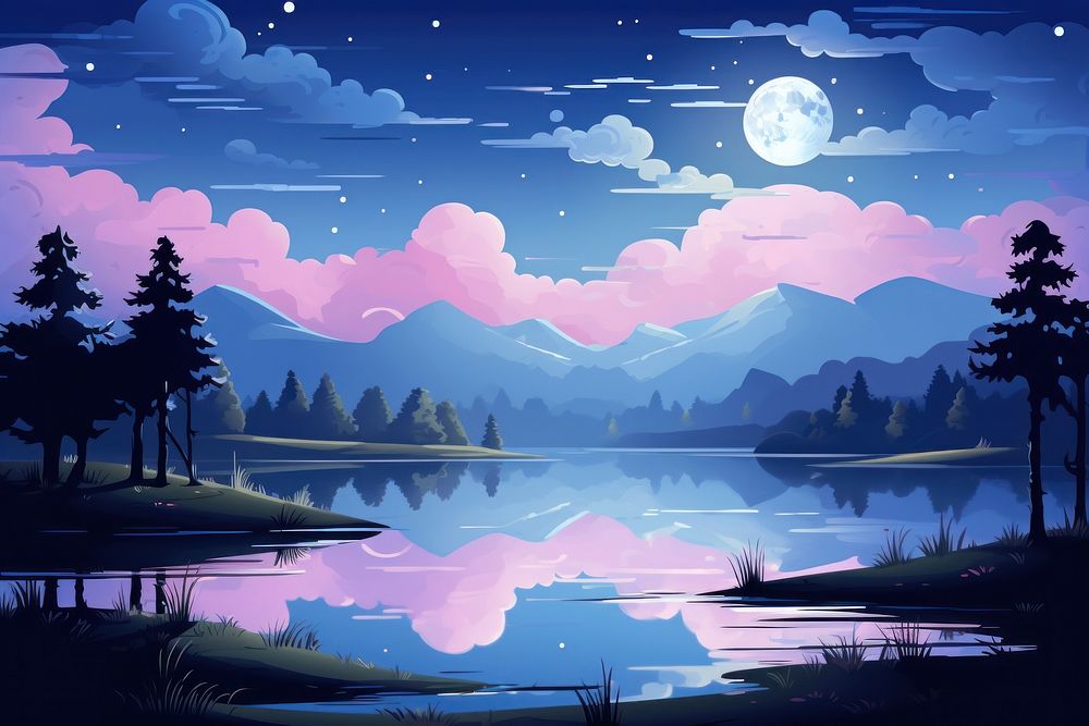 Night lake landscape outdoors. AI generated Image by rawpixel.