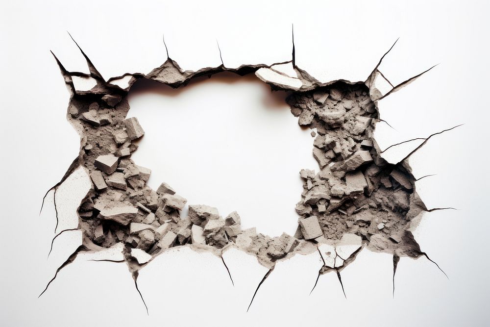 Broken hole wall white background. 