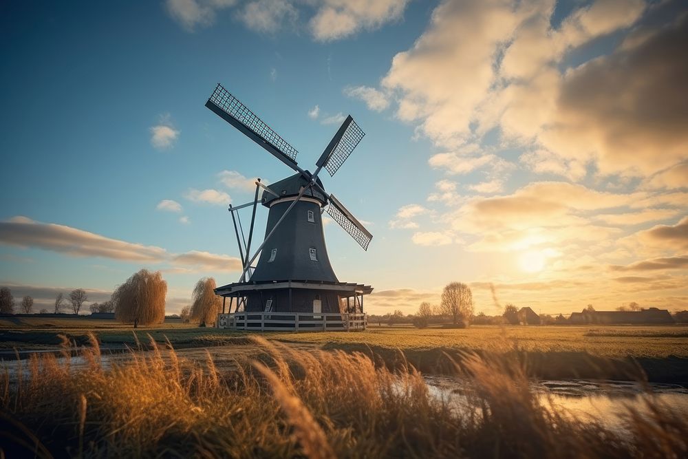 Windmill architecture outdoors land. AI generated Image by rawpixel.