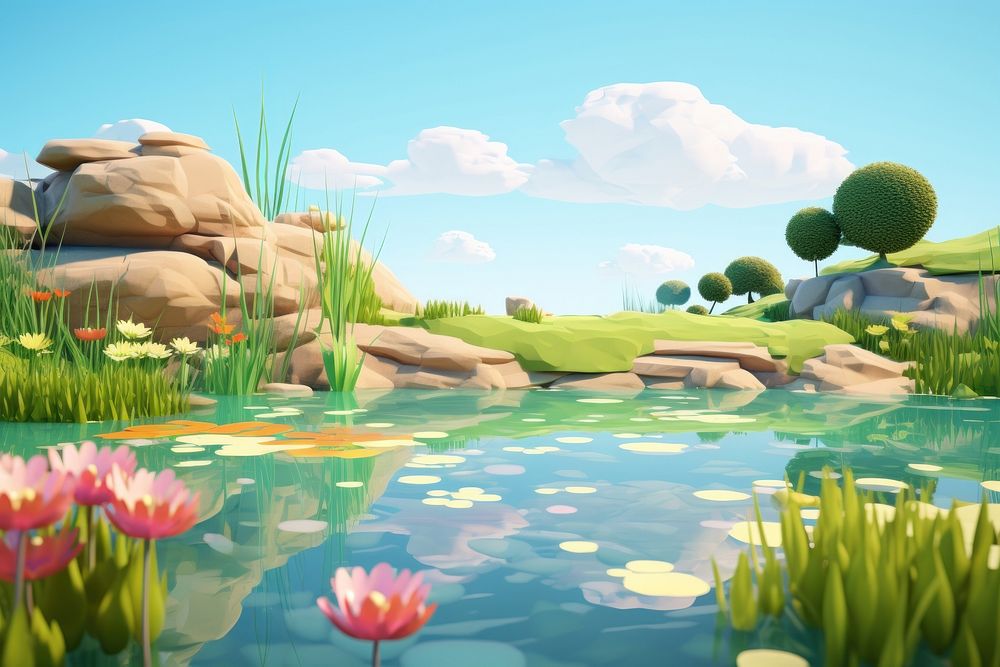 Pond landscape outdoors cartoon. AI generated Image by rawpixel.