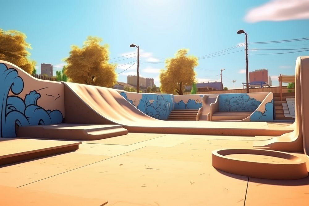 Skateboard outdoors cartoon skateboard park. 