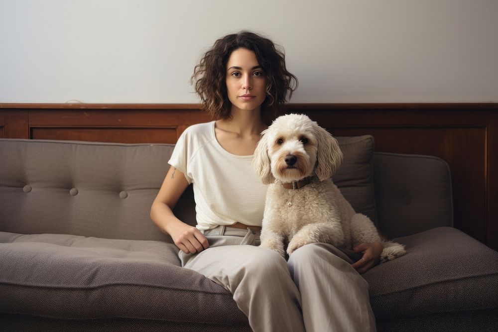 Sitting dog furniture portrait. 