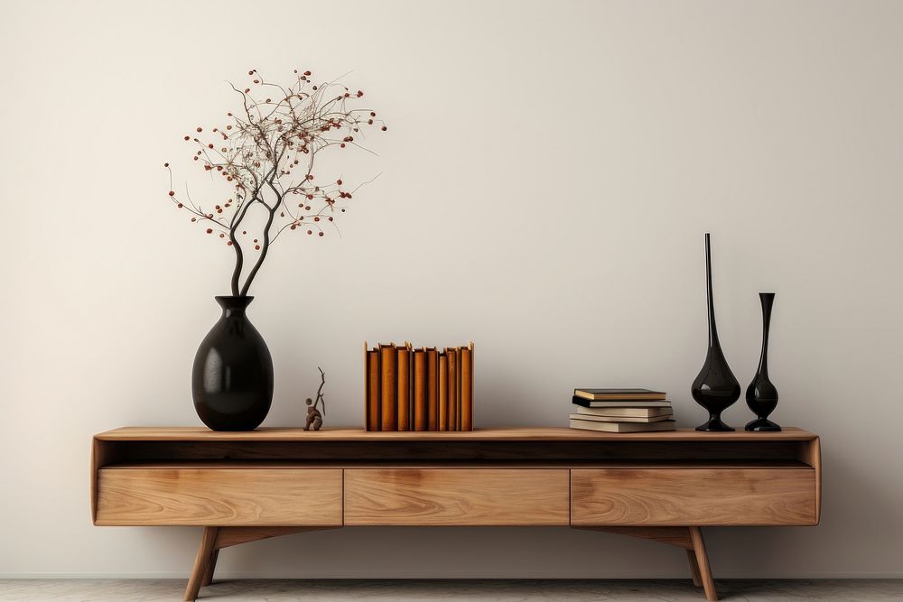Sideboard table vase wood. AI generated Image by rawpixel.