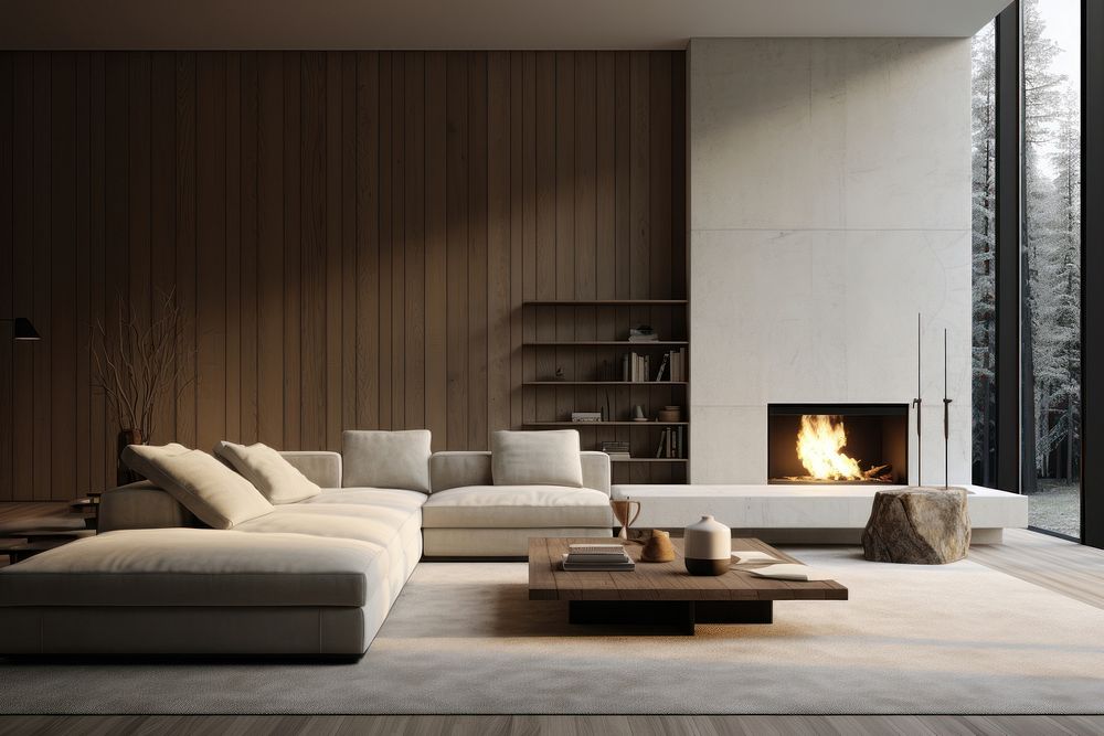 Room architecture furniture fireplace. AI generated Image by rawpixel.